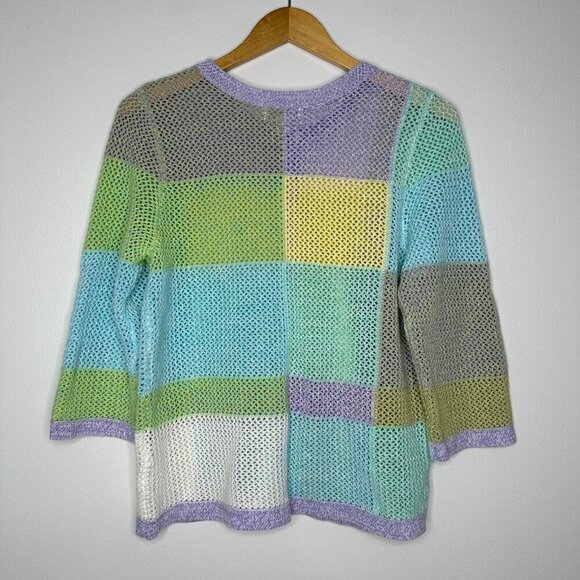 Open Knit Cardigan Sweater Size PL Coastal Grandma Squares - Picture 2 of 10